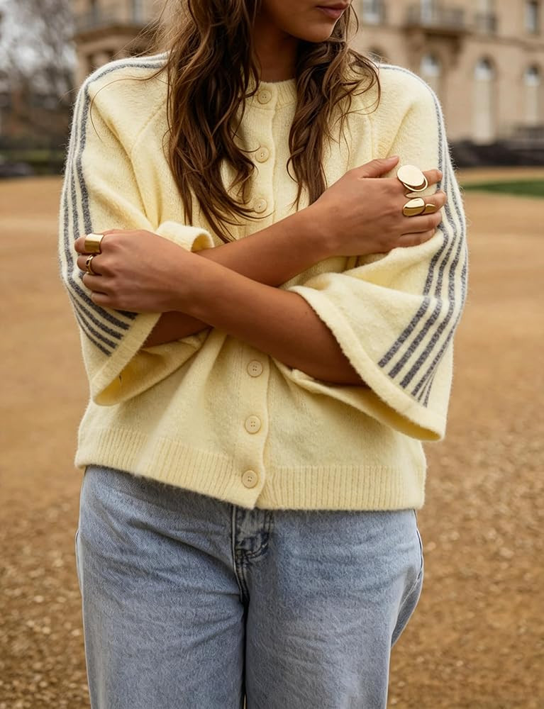 Lentta Women's Striped Cardigan Button Front Sweater 3/4 Sleeve Knit Top | Amazon (US)