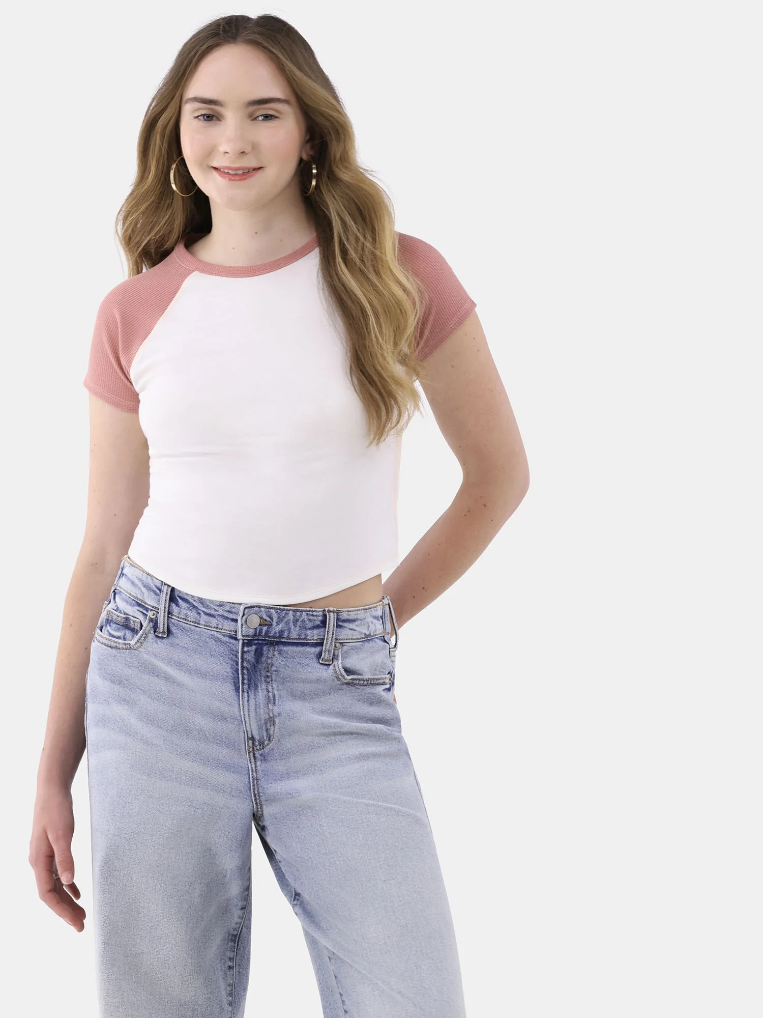 No Boundaries Raglan Tee with Waffle Knit Sleeves, Women's | Walmart (US)