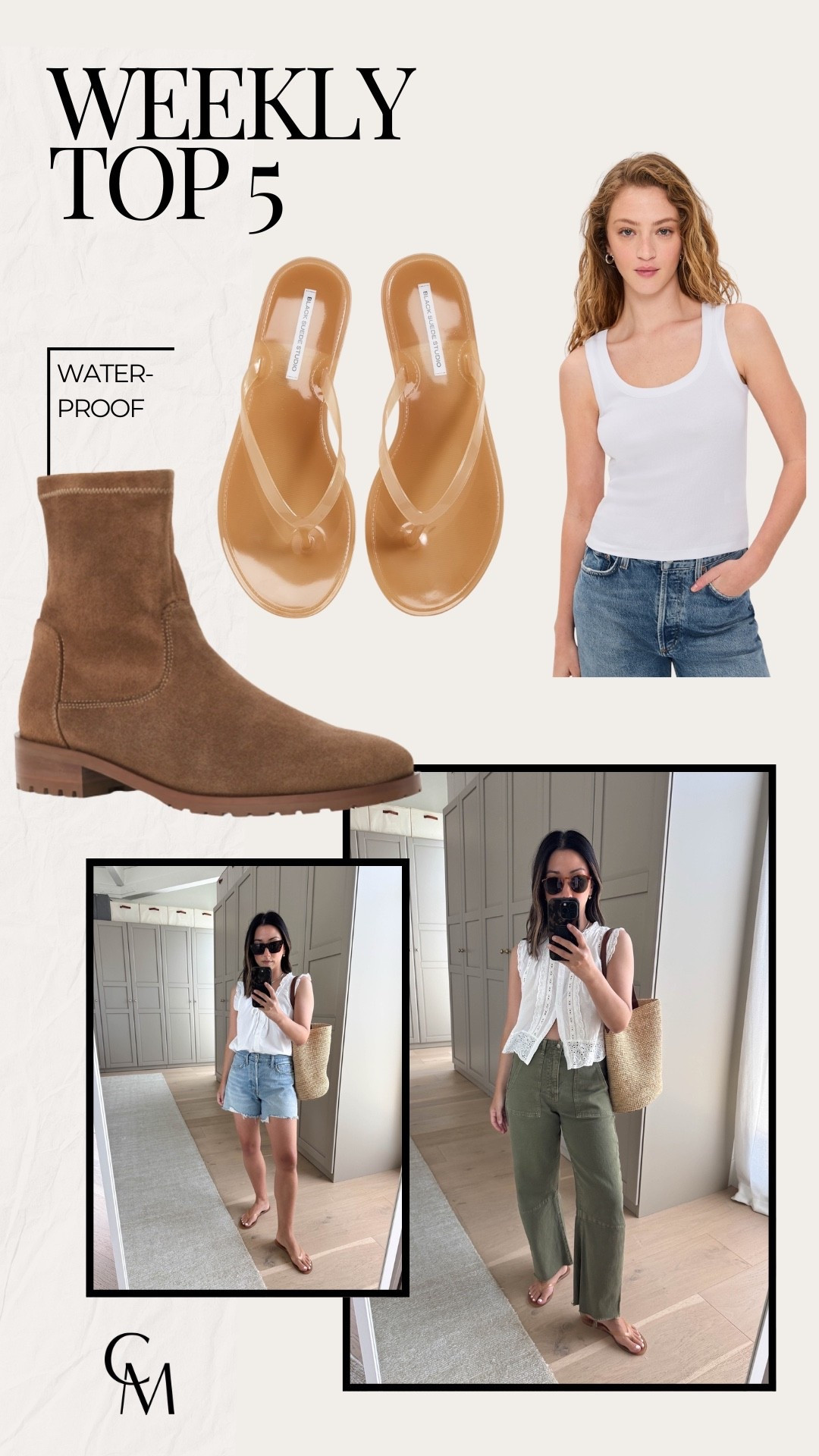 weekly top 5.

black suede studio jelly flip flops 5
madewell scoopneck tank small
le jean utility pants 25
agolde parker denim shorts 25
aquatalia waterproof boots 6- go up half a size

#LTKootd #LTKSaleAlert #LTKPetite