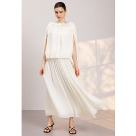 Ruffled Neck Cape-Style Chiffon Top and Maxi Skirt Set in Cream for Wedding Guest & Evening Event... | Chicwish