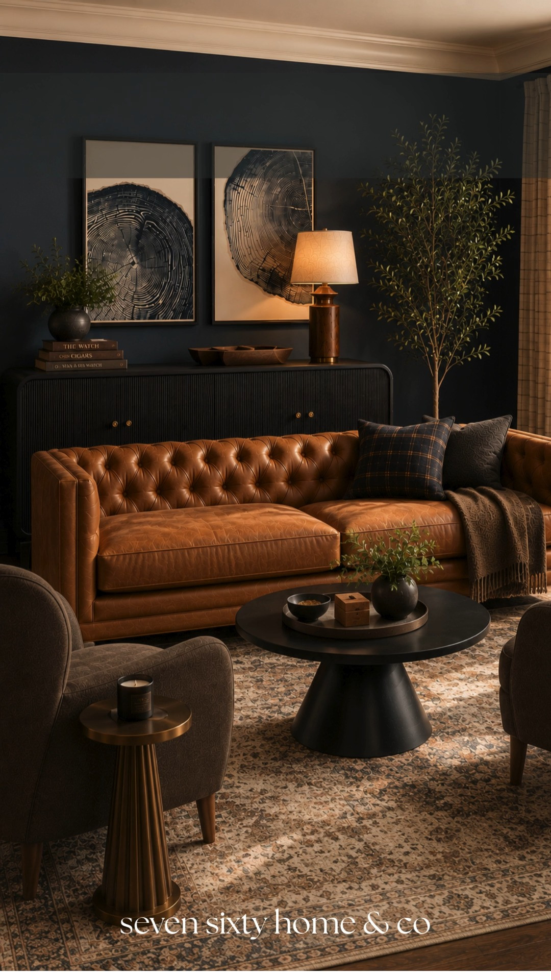 This room feels like the perfect blend of moody and inviting with its rich leather textures, dramatic dark walls, layered lighting, and warm neutral accents. I love spaces that feel elevated enough for entertaining but still cozy enough to settle into every single day.

moody traditional living room, dark cozy interiors, cognac leather furniture, warm layered decor, designer inspired home, elegant moody living room, cozy lounge room, dramatic interior styling, warm ambient interiors, collected home aesthetic, Wayfair room inspiration, moody cafe aesthetic, layered neutral textures, cozy luxury decor, timeless living room style, warm modern traditional interiors, sophisticated cozy living room, dark neutral decor, elevated entertaining space, cozy gathered home 

 #LTKHome