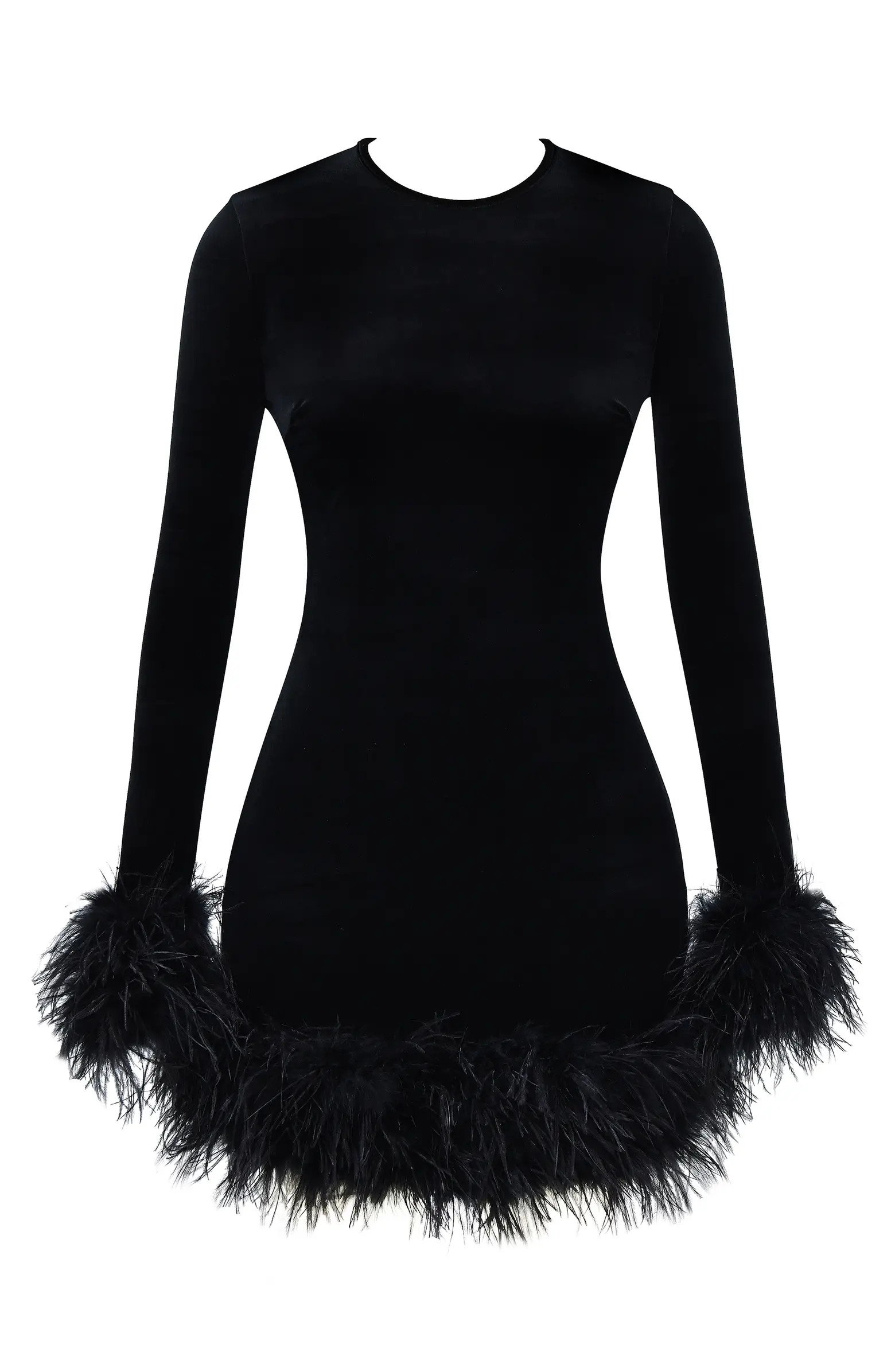 HOUSE OF CB Lavinia Feather Trim Long Sleeve Velvet Minidress | Nordstrom | Nordstrom