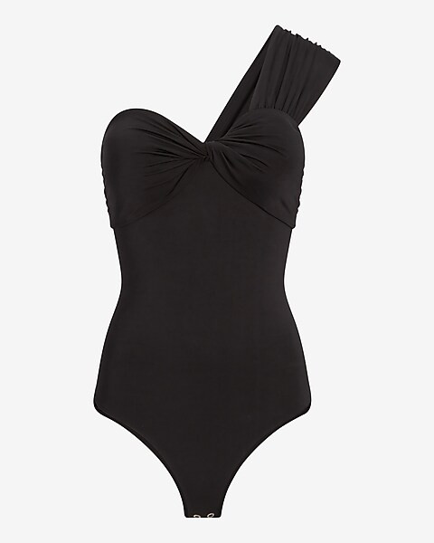 Body Contour Silky One Shoulder Twist Thong Bodysuit With Removable Cups | Express