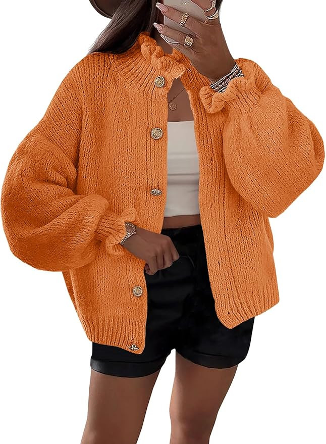 Saodimallsu Womens Ruffle Cardigan Oversized Button Up Fall Trendy Ribbed Knit Open Front Long Sl... | Amazon (US)