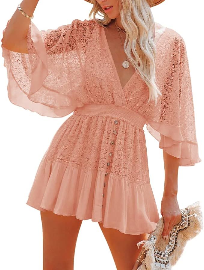 Fixmatti Lace V Neck Mini Dresses Batwing Sleeve Backless Crochet Ruffle Mini Dresses | Amazon (US)