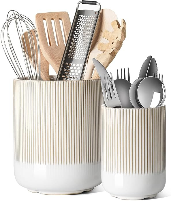 LE TAUCI Utensil Holder for Kitchen Counter, 7.3"+5.4" Fluted Ceramic Utensil Crock Organizer for... | Amazon (US)