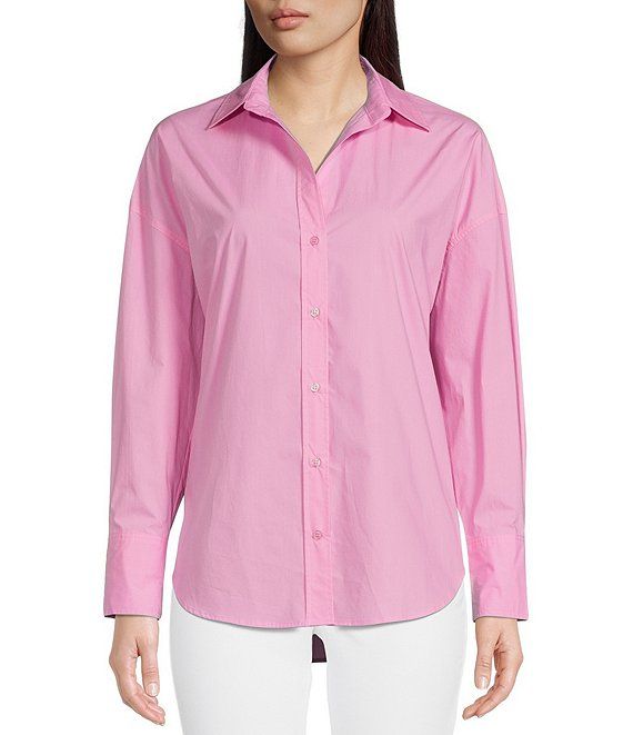 Oversized Poplin Long Sleeve Point Collar Button Front Shirttail Hem Shirt | Dillard's