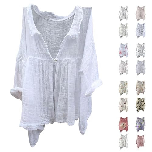 Womens Cotton Linen Button Down Shirt 2024 Casual Floral Print Long Sleeve Solid Color Shirts Loose Workout Tops Trendy Dressy Blouses Casual Loose Comfy Tunic Clothes Cute Button Shirts | Amazon (US)