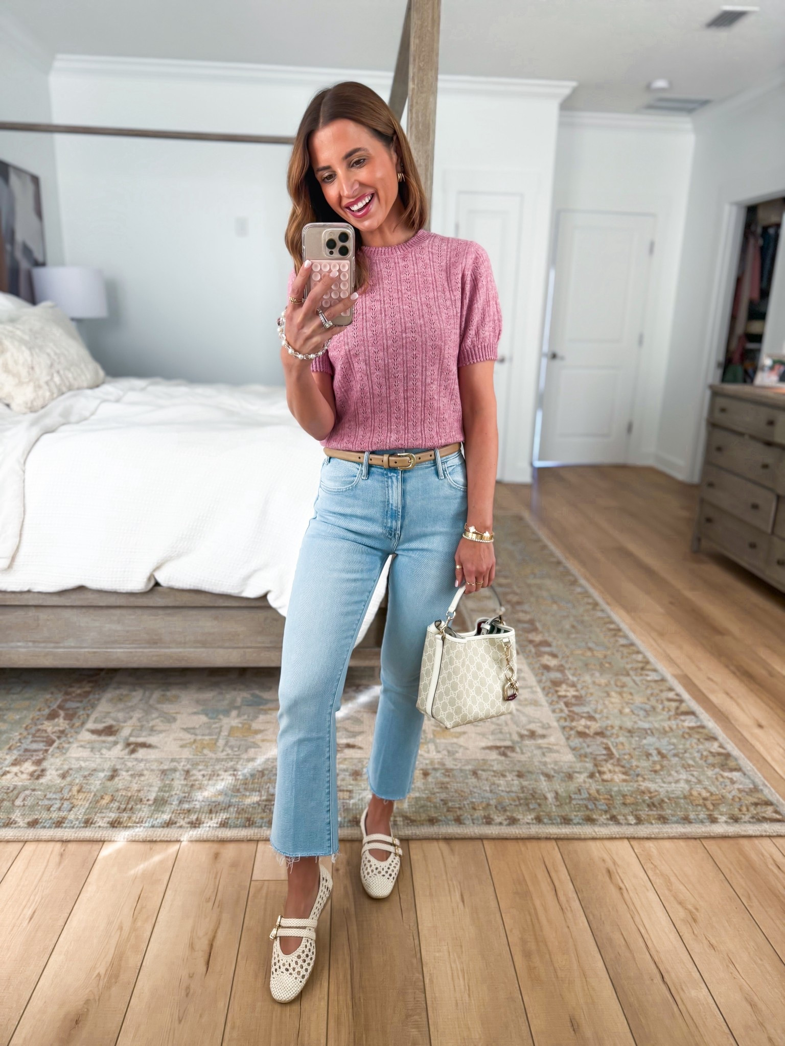 Today’s spring #ootd! PETITES The Lil Hustler Ankle Fray in 24. Target sweater top in XS. Woven ballet flats are TTS. Gucci small cream bucket bag. Elevated casual. Quince belt. 

#LTKPetite #LTKootd #LTKFindsUnder100