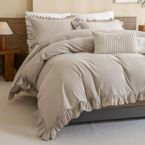 QSH California King Duvet Cover 100% Cotton Ruffle Duvet Cover Linen Textured Shabby Vintage Chic Bedding Comforter Cover 3 Pieces Aesthetic French Country Bedding | Amazon (US)