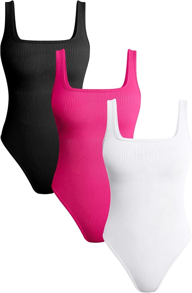 TOB Women's 3 Piece Bodysuits Sexy Ribbed Square Neck Sleeveless Tank Tops Bodysuits | Amazon (US)