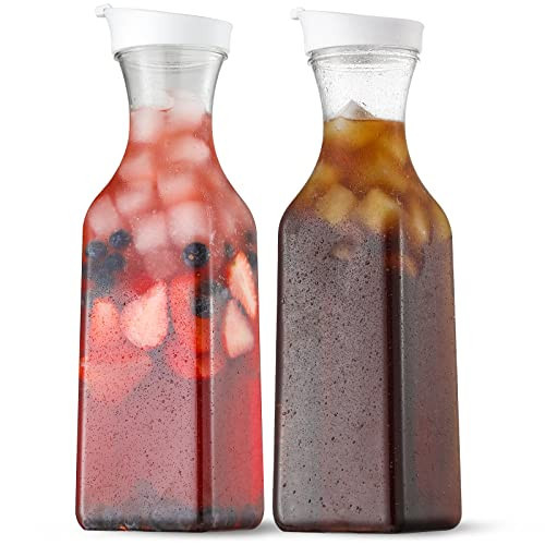 NETANY Plastic 50 Oz Water Carafe with Flip Top Lid, Set of 2 Square Base Juice Containers, Clear Plastic Pitcher - for Water, Iced Tea, Juice, Beverage, Cold Brew and Mimosa Bar - HAND WASH ONLY | Amazon (US)