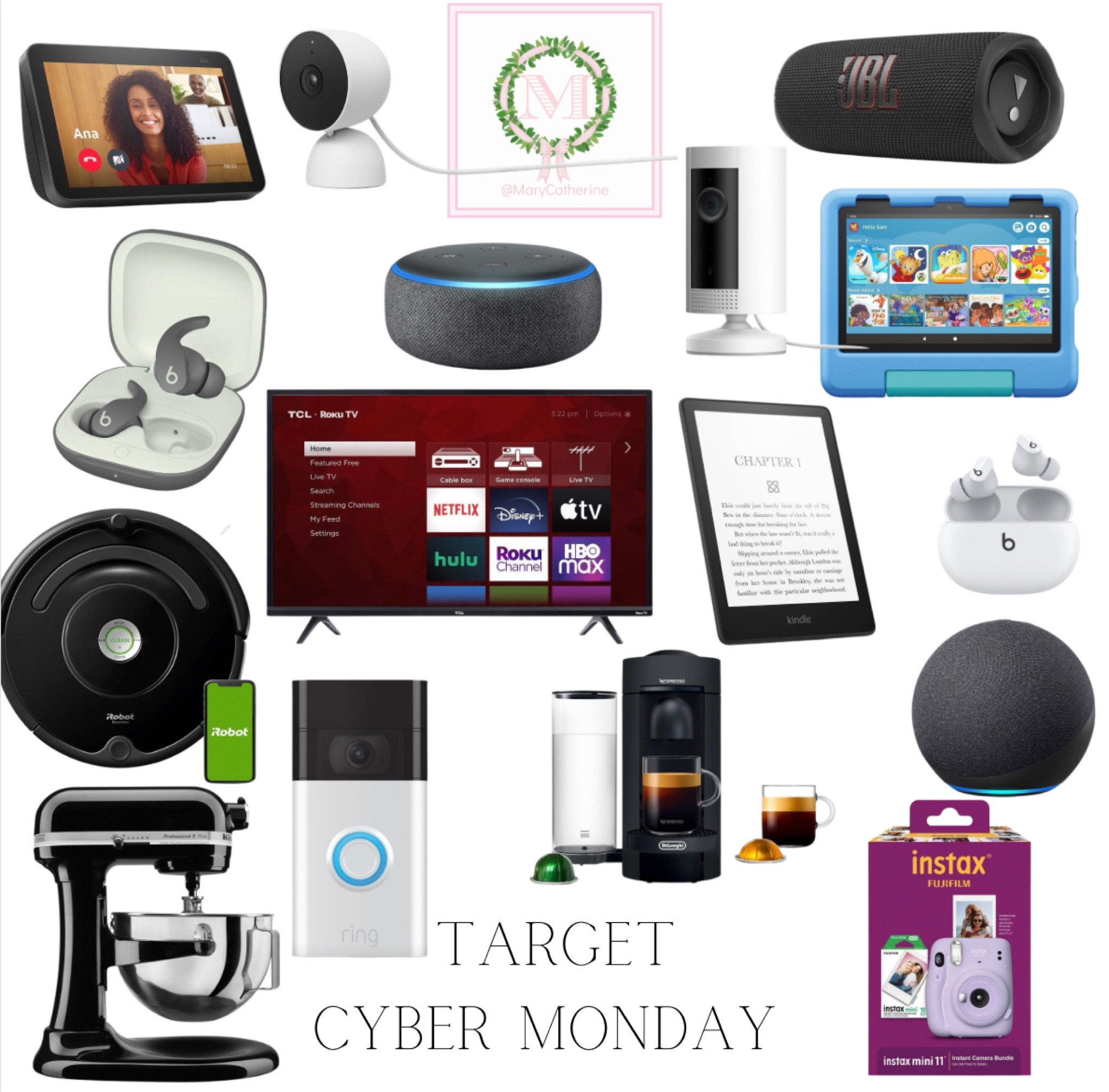 TARGET CYBER MONDAY SALE!!!
GIFT IDEAS/ GIFT GUIDE 
•
Google Nest Cam
Amazon Kindle Paperwhite
JBL Flip 6 Wayerproof Bluetooth speaker
Amazon echo show 8
Ring 1080p wireless indoor cam security camera
Beats Studio buds true wireless noise canceling Bluetooth earbuds 
Ring 1080p wireless video doorbell
Amazon echo dot 
Amazon fire HD 8 Kids tablet 8
KitchenAid professional 5qt stand mixer 
iRobot roomba 675 Wi-Fi connected robot vacuum
Bests fit pro true wireless Bluetooth earbuds
Fujifilm inatax mini 11 instant film camera bundle 
TLC 32” class 3 series HD 720p LED smart Roku TV
Nespresso vertuoplus coffee and expression machine 

#LTKfamily #LTKCyberweek #LTKGiftGuide