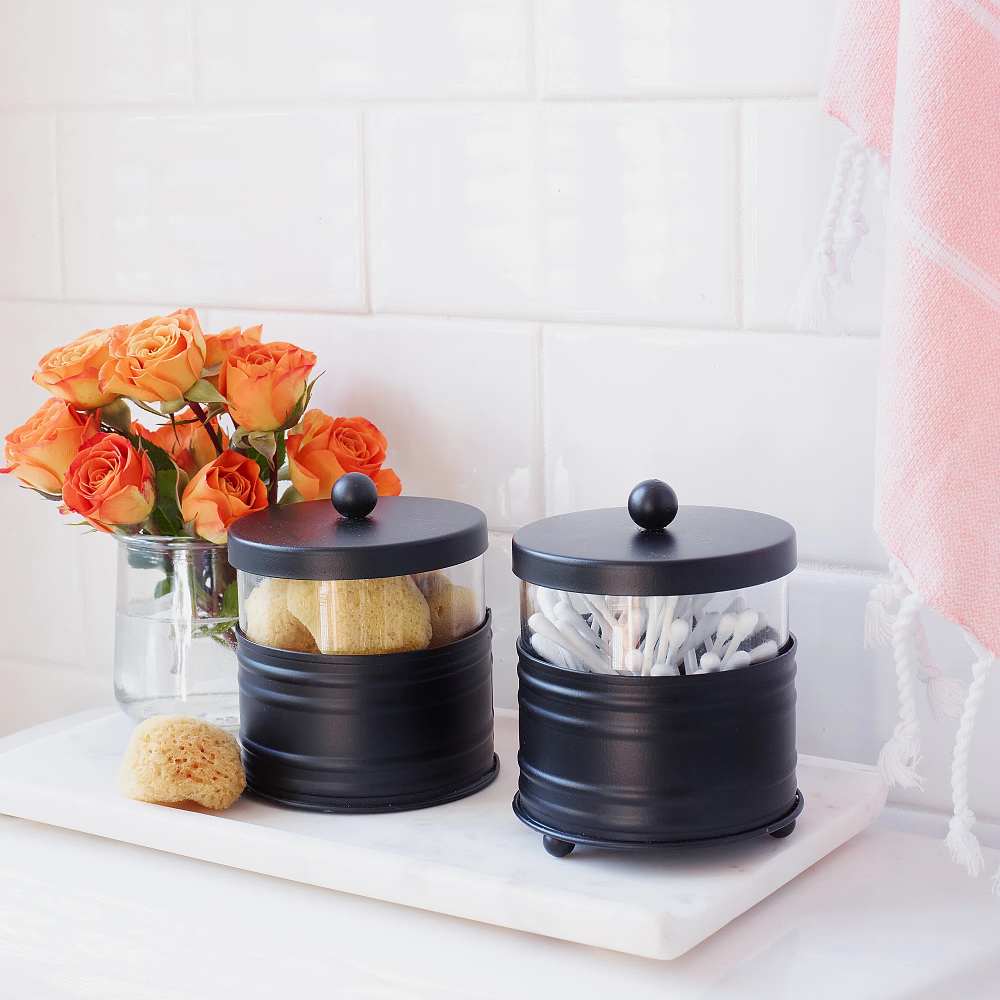 Black Bathroom Accessory Set - Glass Cotton Swab Jars | Wayfair North America