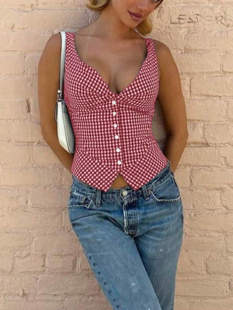 Women's Summer Casual Sleeveless Thick Strap Button Plaid Tank Top - Women Vacation Outfits, Summer Tops | SHEIN