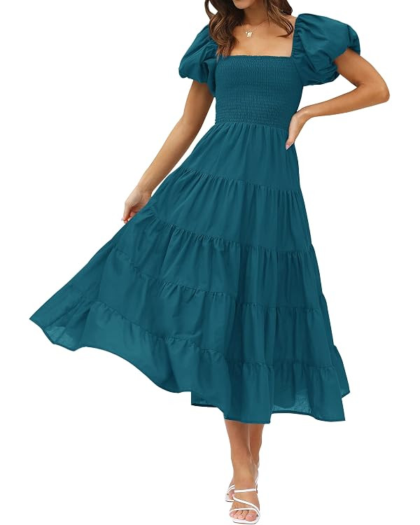 ZESICA Women's 2024 Summer Square Neck Short Puff Sleeve Solid Color High Waist Casual Smocked Fl... | Amazon (US)