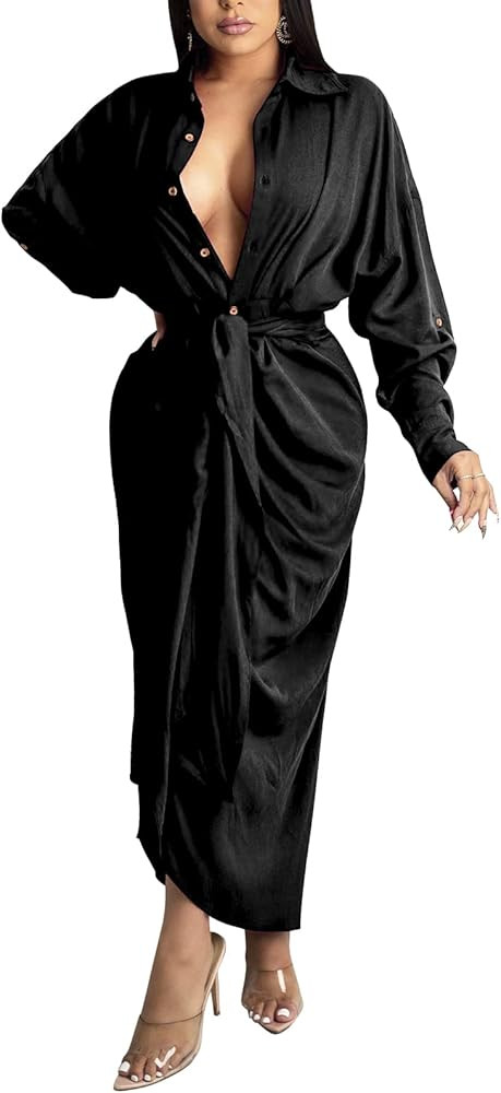 Sedrinuo Women Sexy Long Sleeve Ruched Dress Tie Front Button Up Loose Maxi Dresses | Amazon (US)