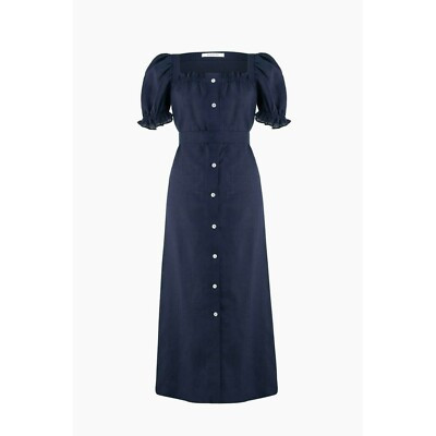 Sleeper Womens Brigitte Linen Midi Dress With Belt Large Navy Blue  | eBay | eBay US