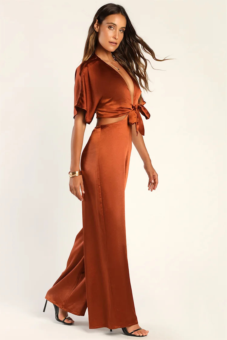 Flirt For Fun Rust Brown Tie-Front Two-Piece Wide-Leg Jumpsuit | Lulus (US)
