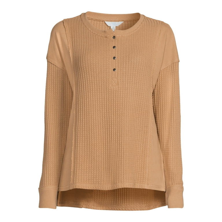 Time and Tru Women's Mixed Henley Tee with Long Sleeves, Sizes S-XXXL - Walmart.com | Walmart (US)