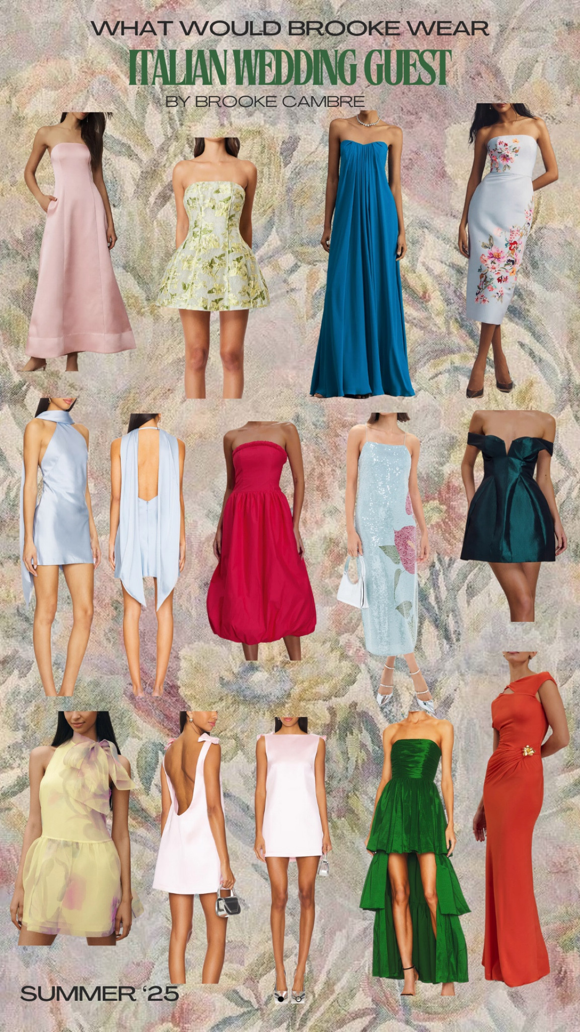 Italian summer wedding guest dresses 🇮🇹💐 The only one not tagged is the OMR x ELLIATT Green Strapless Darner dress - wouldn’t let me link! 

#LTKTravel #LTKWedding #LTKStyleTip