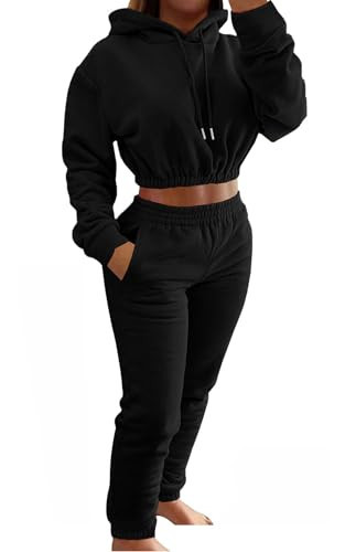 Akmipoem Sweat Suits for Womens 2 Piece Fall Outfits Long Sleeve Cropped Hoodie Joggers Pants Workout Tracksuit Sets Black M | Amazon (US)