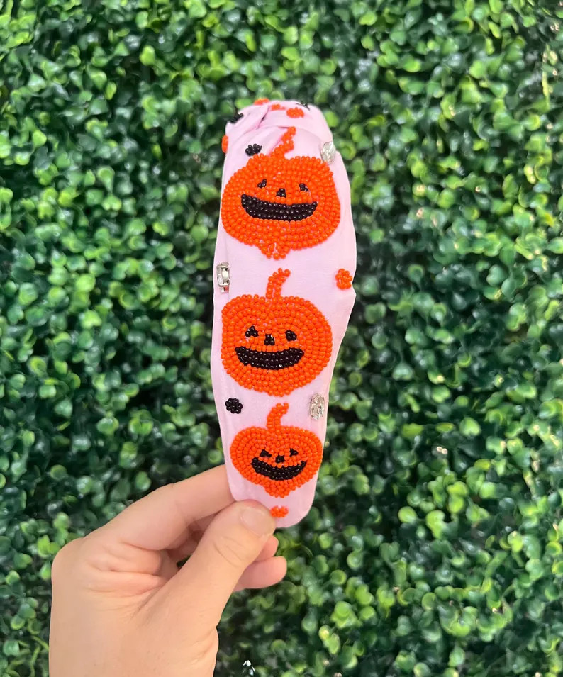 Carved Pumpkins Halloween Hand Beaded Headband Jackolantern - Etsy | Etsy (US)