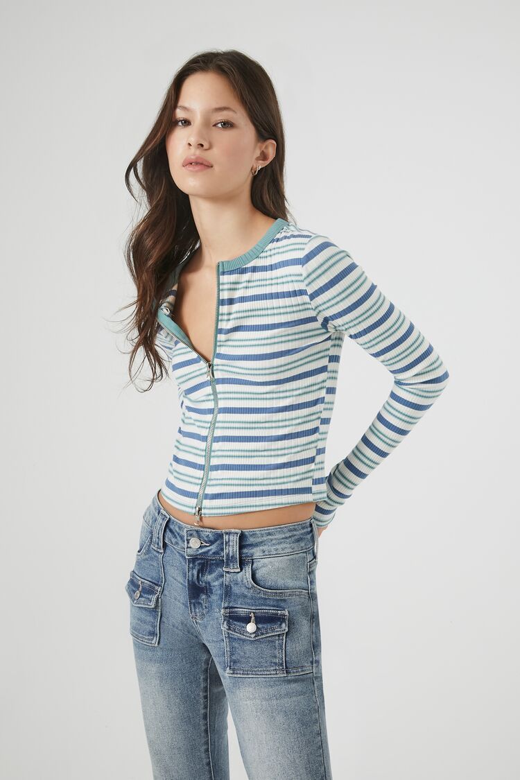 Striped Rib-Knit Zip-Up Sweater | Forever 21