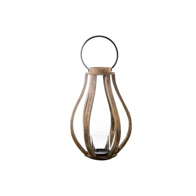 Wood Round Bellied Lantern With Metal Top Ring Handle, Candle Glass Holder And Column Design Painted Finish White | Wayfair North America