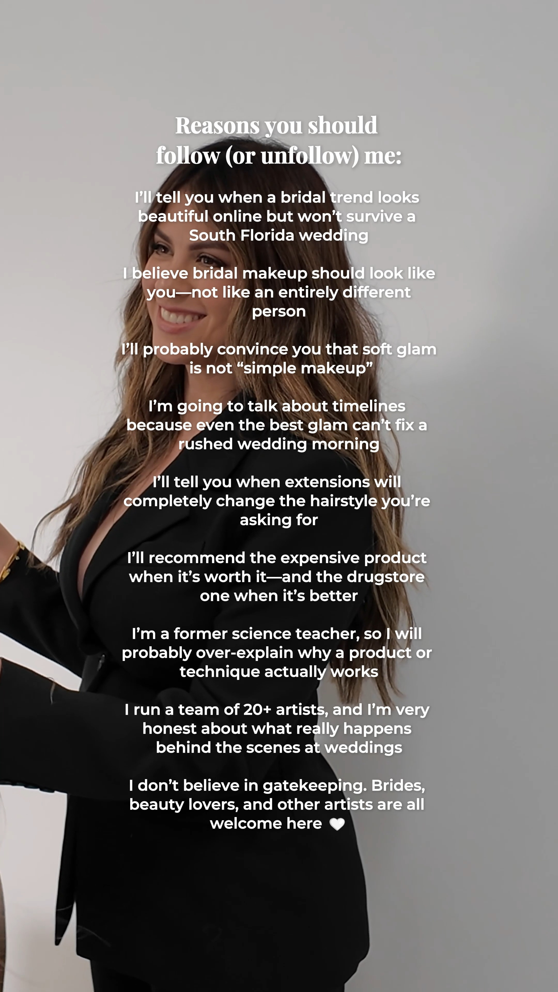 If you’re looking for honest beauty advice, techniques that actually work, and someone who will tell you what does (and doesn’t), you’re in the right place. 🤍

Consider this your corner of the internet for beauty tips, bridal expertise, behind-the-scenes, product recommendations, and zero gatekeeping.

#BeautyTips #BeautyEducation #HairAndMakeupArtist #MakeupArtist #HairStylist BridalBeauty SouthFloridaBeauty BehindTheScenes 

 #LTKdayinmylife #LTKBeauty