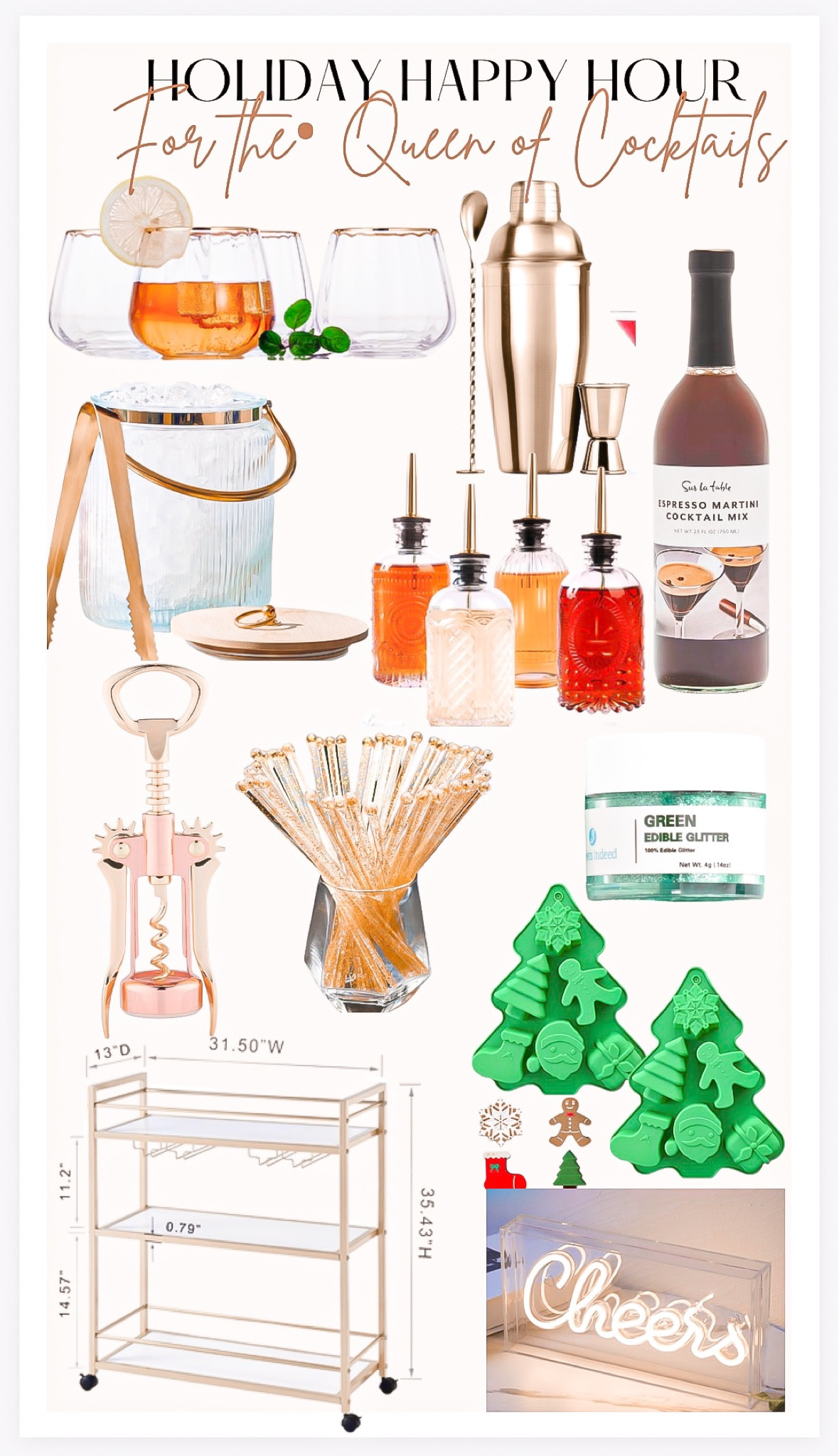 Holiday Happy Hour 🍸
Gifts for the cocktail queen 👸 

Gifts for her, stocking stuffers, gift guide, Christmas party, wine glasses, gold glasses, cocktail mixer, cocktail shaker, espresso martini mix , ice bucket, glass syrup contains, Amazon finds, edible glitter, stir sticks, gold stir sticks, wine opener, ice molds, winter ice molds, bar cart, neon sign, cheers neon sign , martini glasses, home decor 

#LTKGiftGuide #LTKhome #LTKstyletip