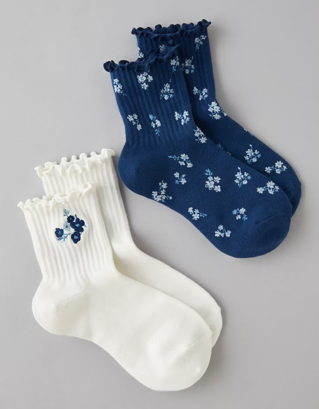AE Floral Cropped Crew Socks 2-Pack | American Eagle Outfitters (US & CA)