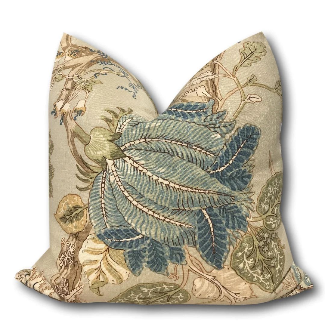 Blue Floral Pillow Cover -  Florabunda Seaglass Pillow - Blue Jacobean Floral Pillow Cover - Indi... | Etsy (US)