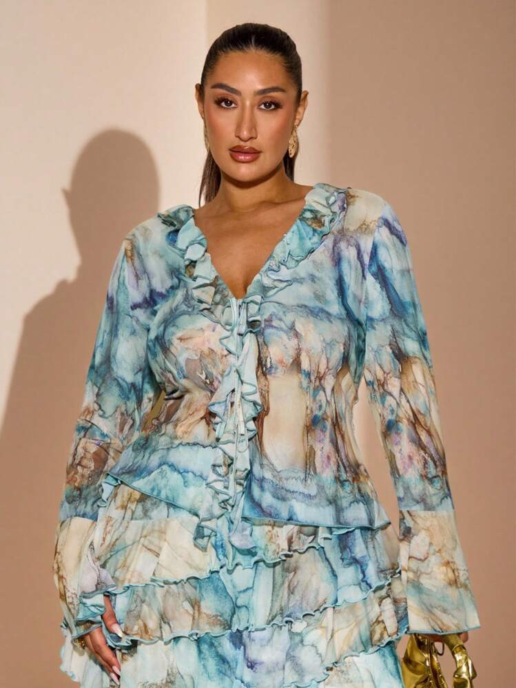 SHEIN BAE Plus Size Women Flounce Marble Print Sheer Blouse Light Blue,Autumn,Elegant,Tea Party L... | SHEIN