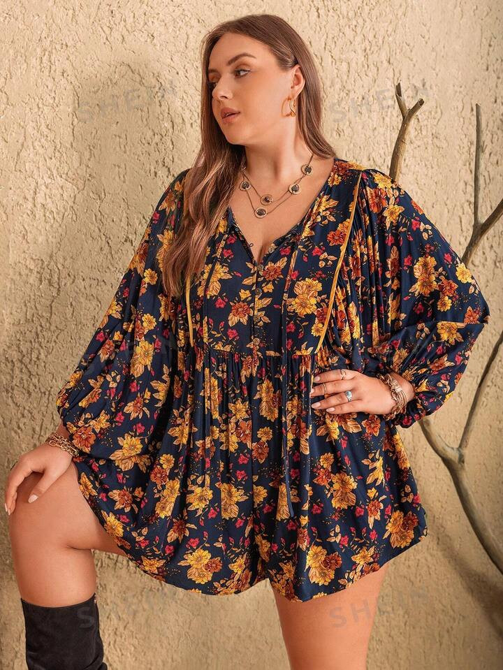Rusttydustty Plus Allover Floral Print Tie Neck Lantern Sleeve Romper | SHEIN