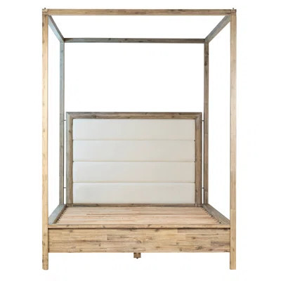 Juliette Light Wash Acacia Upholstered Headboard Platform Canopy Bed, Eastern King | Wayfair North America
