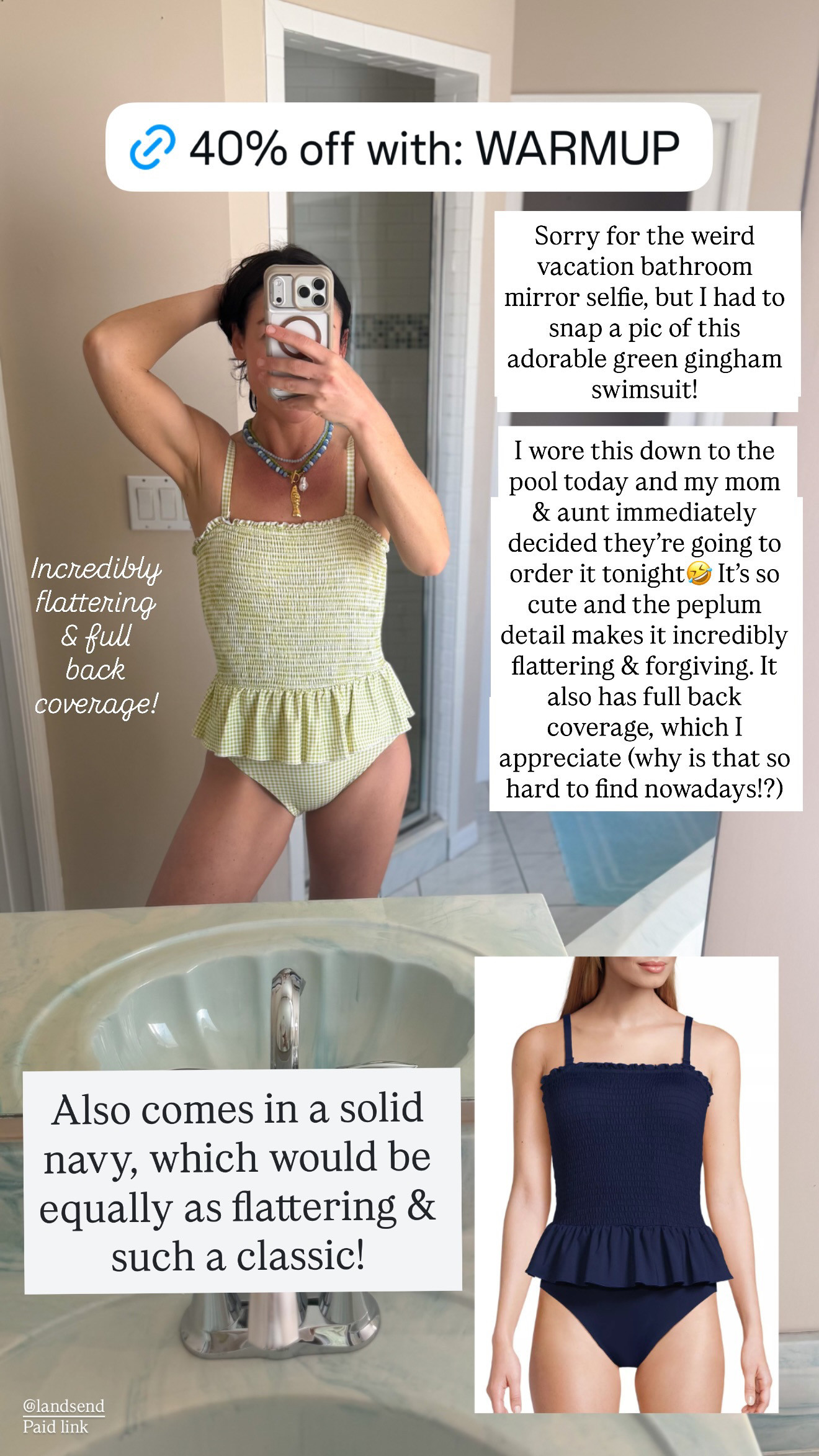 I love this one piece swimsuit with the peplum detail! It's so flattering and has full back coverage. Fits TTS, but if you're between sizes I'd go with your larger size. I'm between a 2-4, and I need a 4 in this swimsuit.

swim style, swimsuit, bathing suit, one piece swimsuit, Land's End 

 #LTKSeasonal #LTKSwim