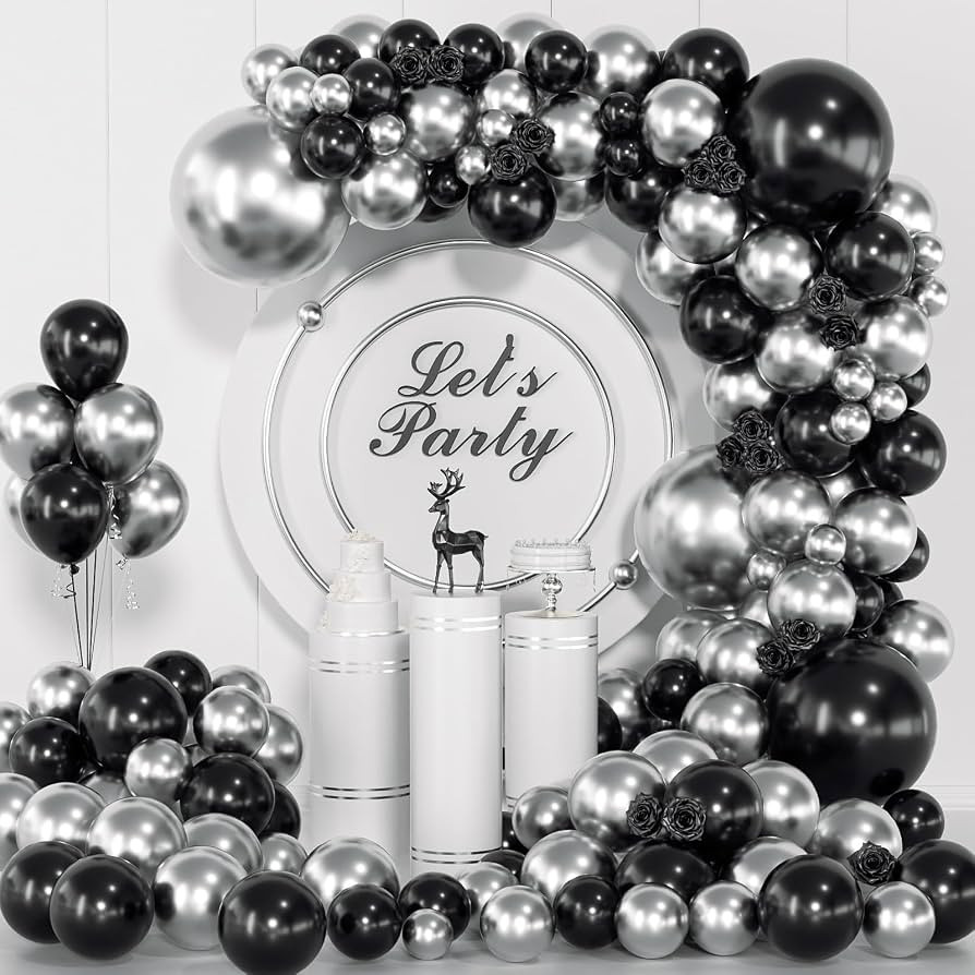 ADOINBY Black and Silver Balloon Arch Kit, 140Pcs Different Sizes inch Black Metallic Silver Ball... | Amazon (US)