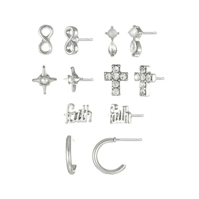 Time and Tru Silvertone Earring Set, "Faith" Motif, 6 Pairs | Walmart (US)