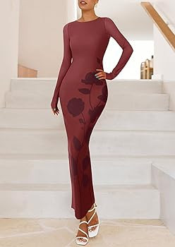 PRETTYGARDEN Bodycon Maxi Dress 2025 Fall Floral Long Sleeve Sexy Mesh Cocktail Wedding Guest Lon... | Amazon (US)