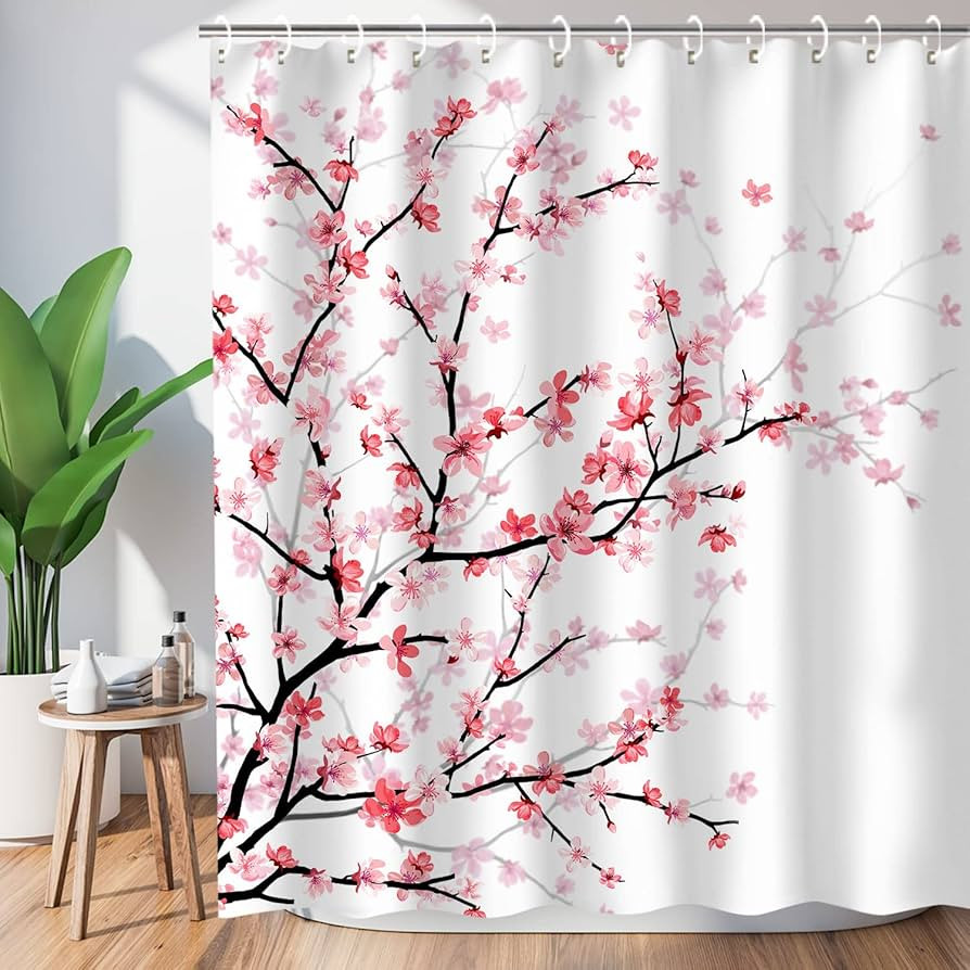 LIVILAN Cherry Blossom Bathroom Curtain with 12 Hooks, Pink Floral Shower Curtain Fabric Sakura B... | Amazon (US)