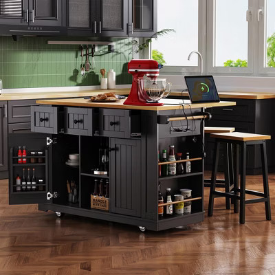 Kitchen Island with 2 Bar Stools, Power Outlet, Internal Storage Rack, Kitchen Storage Cart on 5 Wheels with Drop Leaf, 5 Side Racks, 3 Drawers | Target