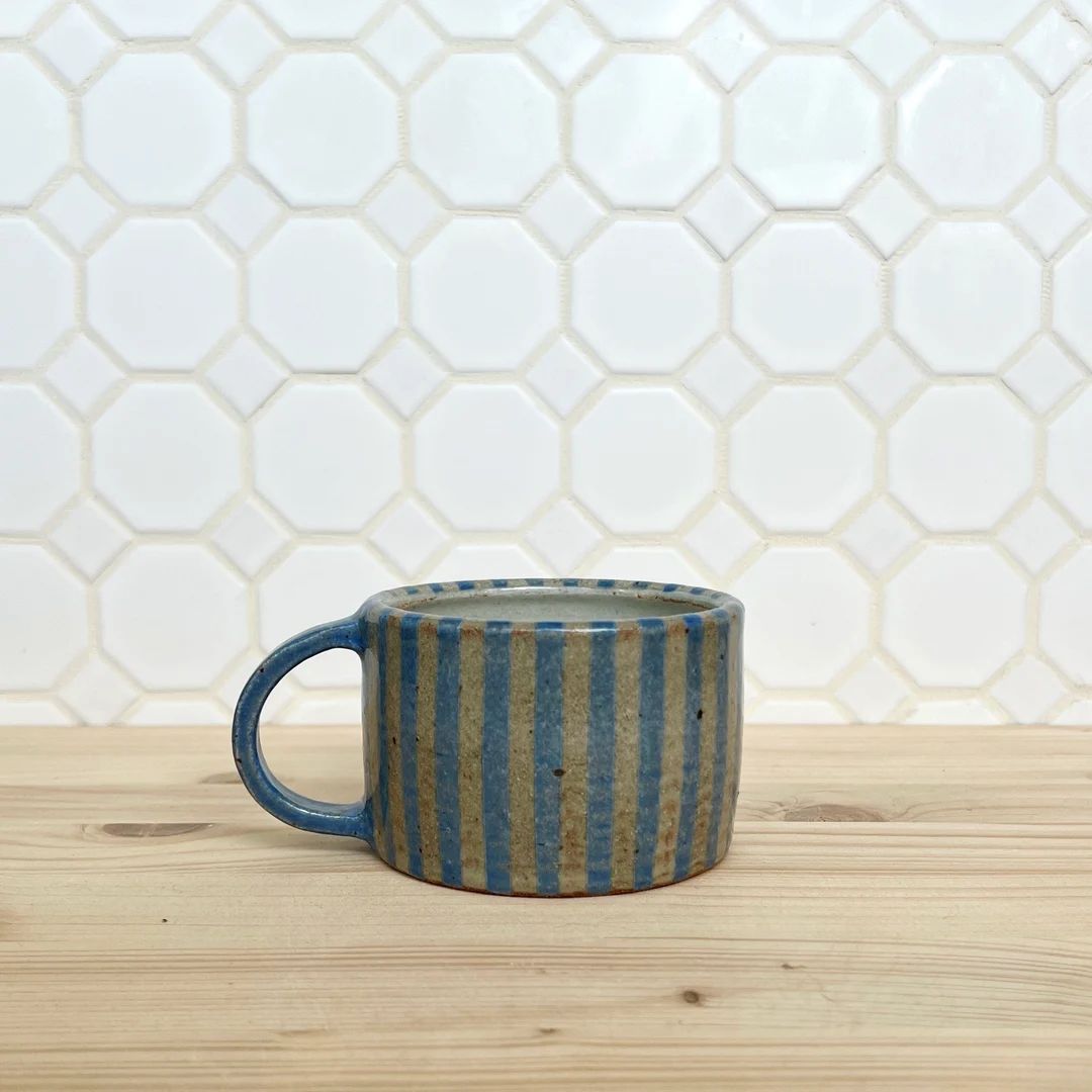 11 Oz Striped Ceramic Mug, Blue, Handmade - Etsy | Etsy (US)