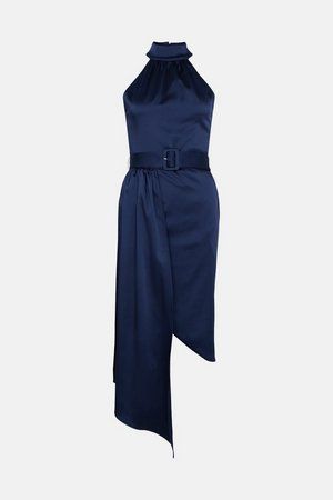 Satin Halter Drape Woven Midi Dress | Karen Millen UK & IE