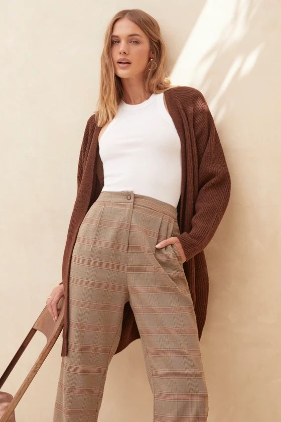 Cause for Promotion Taupe and Red Plaid High Waisted Pants | Lulus (US)