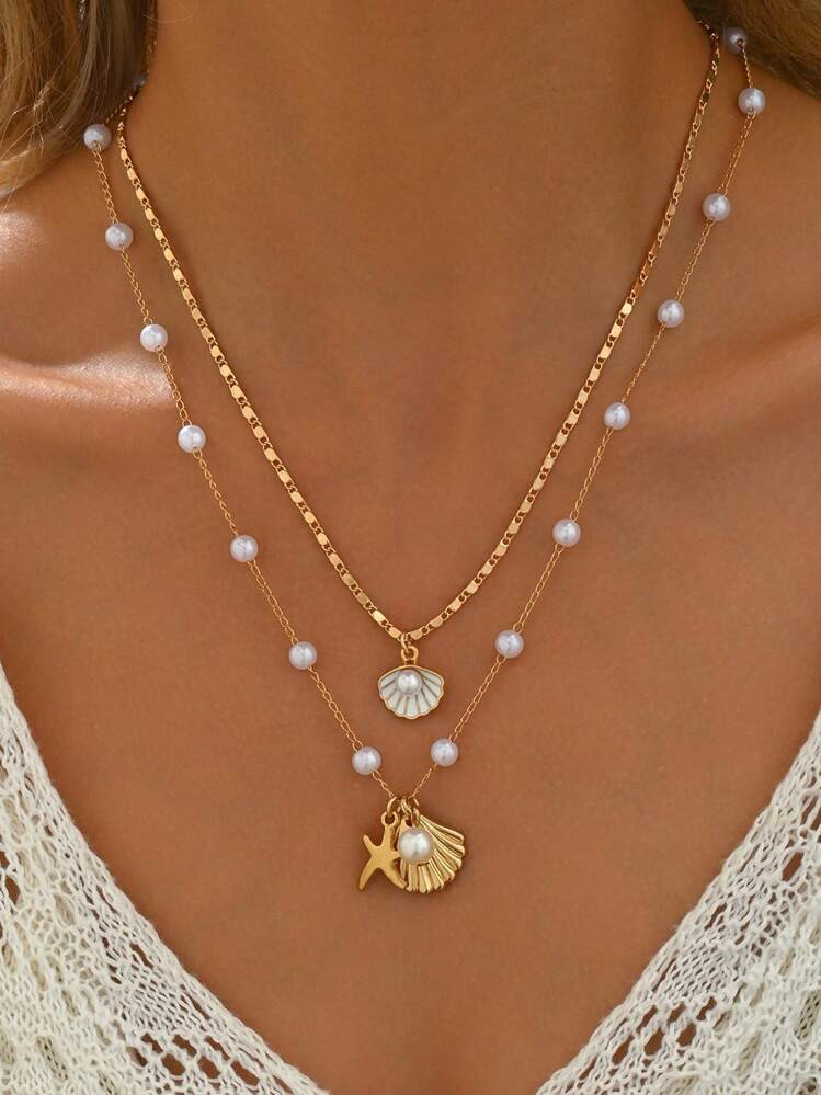 2pcs Beach Style Alloy Faux Pearl & Shell Pendant Necklace Set, Adjustable Chain Length, For Women & Couples Daily Wear, Jewelry Gift | SHEIN