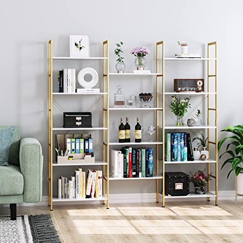 Triple Wide 5-Tier Bookcase, Large Industrial Bookshelf Wood Look Storage Display Shelves Organizer  | Amazon (US)