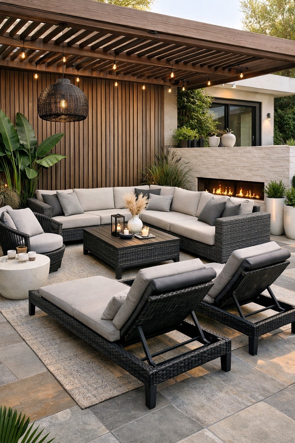 A stylish outdoor patio lounge designed for relaxation and entertaining, featuring a modern wicker sectional sofa, lounge chairs, and a cozy outdoor coffee table. Warm lighting, natural textures, and soft neutral cushions create a welcoming atmosphere perfect for evening gatherings and outdoor living. Surrounded by greenery and modern architecture, this patio design blends comfort and contemporary style for the ultimate backyard retreat.

#outdoorpatio #patioinspiration #outdoorliving #backyarddesign #patiolounge #modernpatio #outdoorfurniture #backyardinspo #luxuryoutdoor #patiodecor #gardeninspiration #modernoutdoor #outdoorentertaining #backyarddecor #patioset