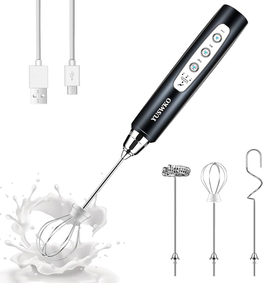 YUSWKO Milk Frother Handheld with 3 Heads, Electric Whisk Drink Foam Mixer with USB Rechargeable ... | Amazon (US)
