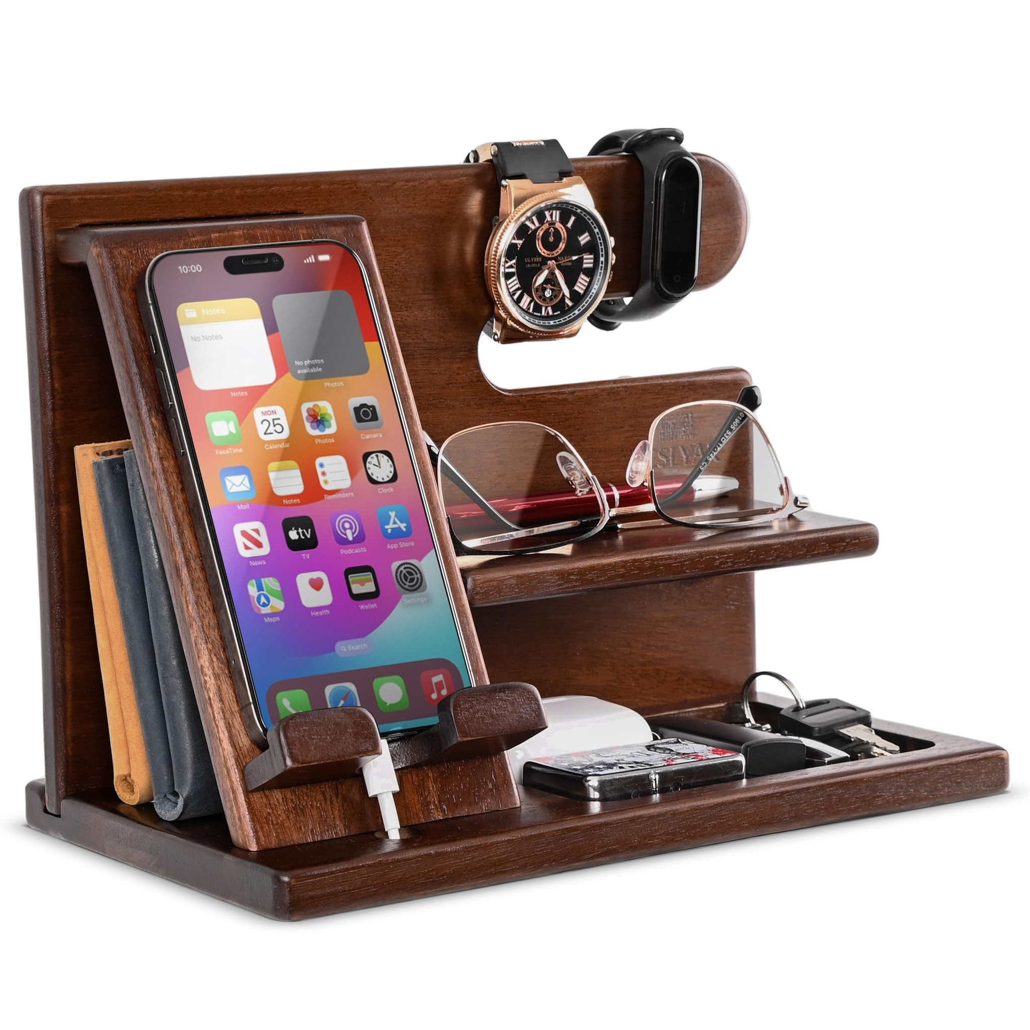 TESLYAR Wood Phone Docking Station for Men - Desktop or Nightstand Organizer - Birthday Gifts for... | Amazon (US)